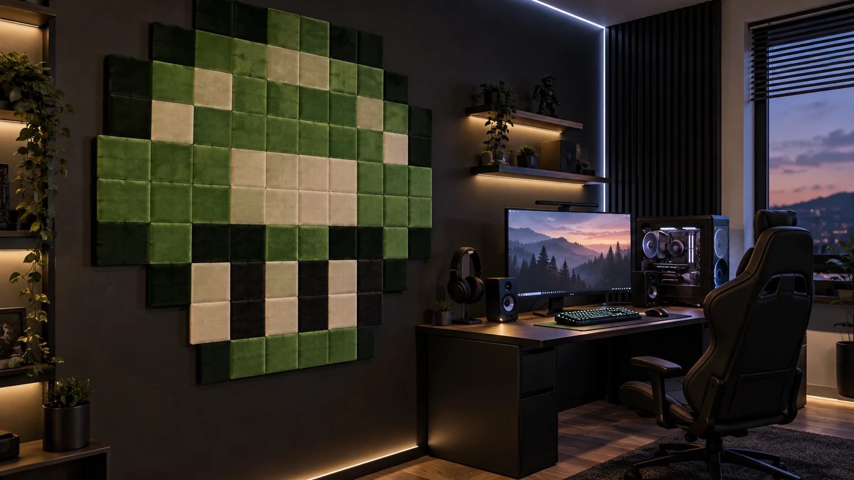 Panele tapicerowane Pixel Art na ścianie w pokoju gracza